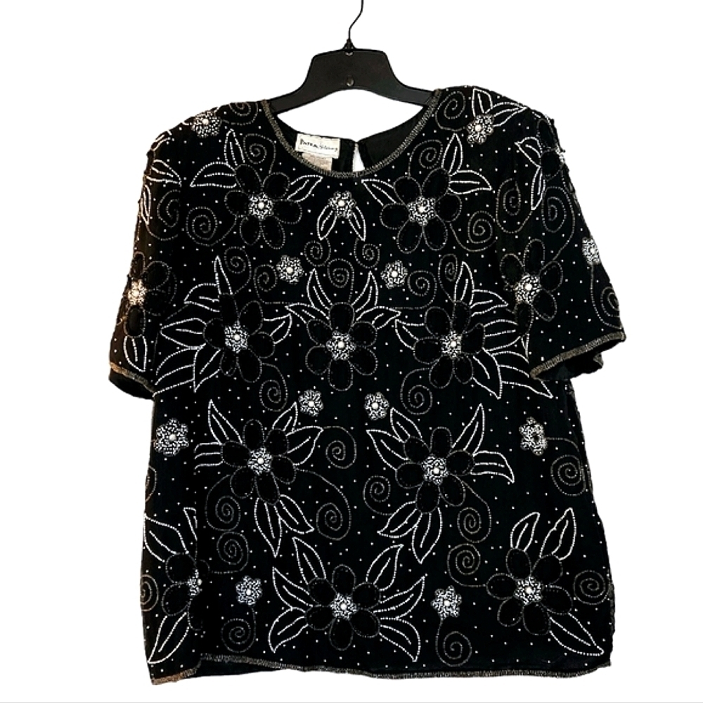 Patrick Stenay Vintage Women's Plus Size 2X Silk Blouse Beads Sequins Lined